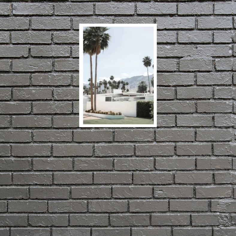 Palm Springs 'Beyond the Palms' mid-century high quality UV protected framed canvas | White, blue, beige, green | 30 cm x 40 cm