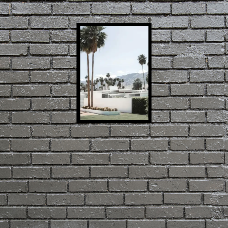 Palm Springs 'Beyond the Palms' mid-century high quality UV protected framed canvas | White, blue, beige, green | 30 cm x 40 cm