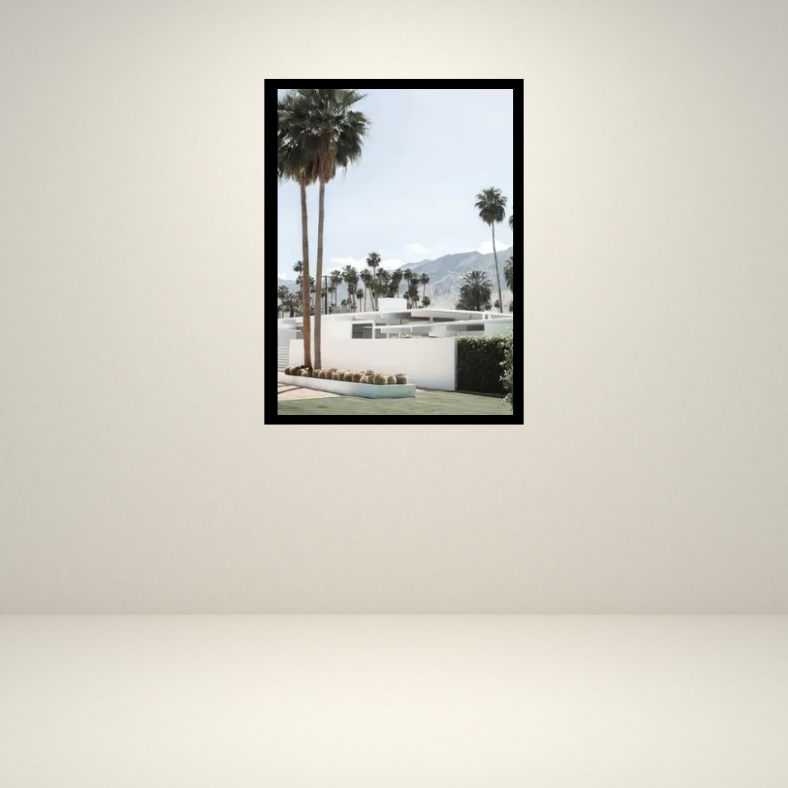 Palm Springs 'Beyond the Palms' mid-century high quality UV protected framed canvas | White, blue, beige, green | 30 cm x 40 cm