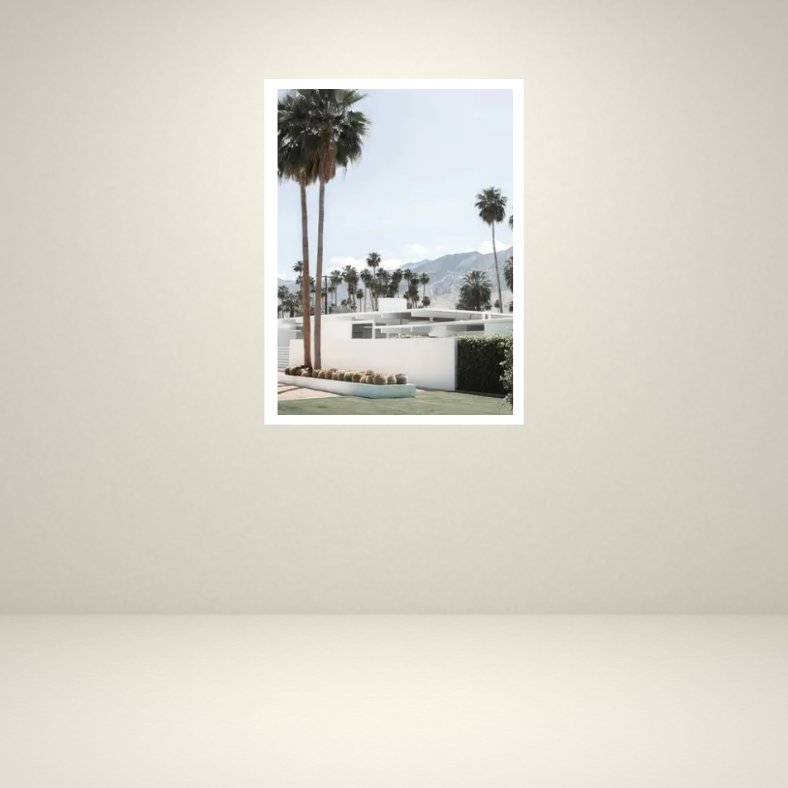 Palm Springs 'Beyond the Palms' mid-century high quality UV protected framed canvas | White, blue, beige, green | 30 cm x 40 cm