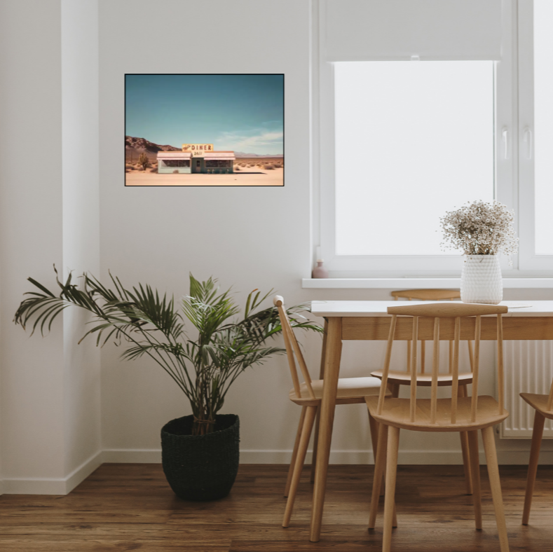 Mel's diner desert scene high quality UV protected framed canvas print | Blue, beige, brown | 30 cm x 40 cm
