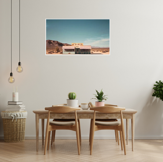 Mel's diner desert scene high quality UV protected framed canvas print | Blue, beige, brown | 30 cm x 40 cm
