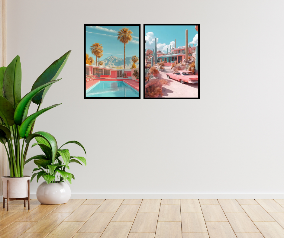 Palm Springs mid-century bungalow high quality framed canvas prints | Pink, beige, green | Set of 2 | 30 cm x 40 cm
