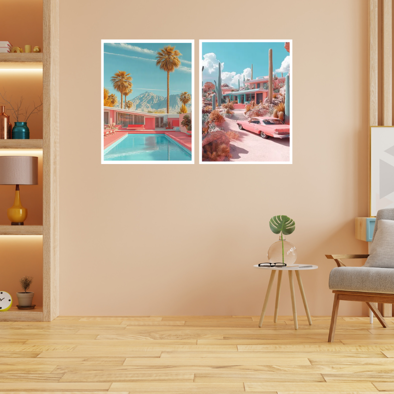 Palm Springs mid-century bungalow high quality framed canvas prints | Pink, beige, green | Set of 2 | 30 cm x 40 cm
