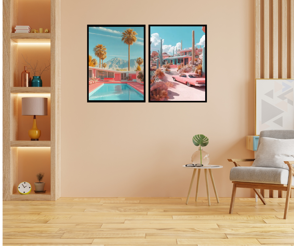 Palm Springs mid-century bungalow high quality framed canvas prints | Pink, beige, green | Set of 2 | 30 cm x 40 cm