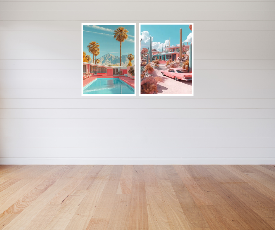 Palm Springs mid-century bungalow high quality framed canvas prints | Pink, beige, green | Set of 2 | 30 cm x 40 cm