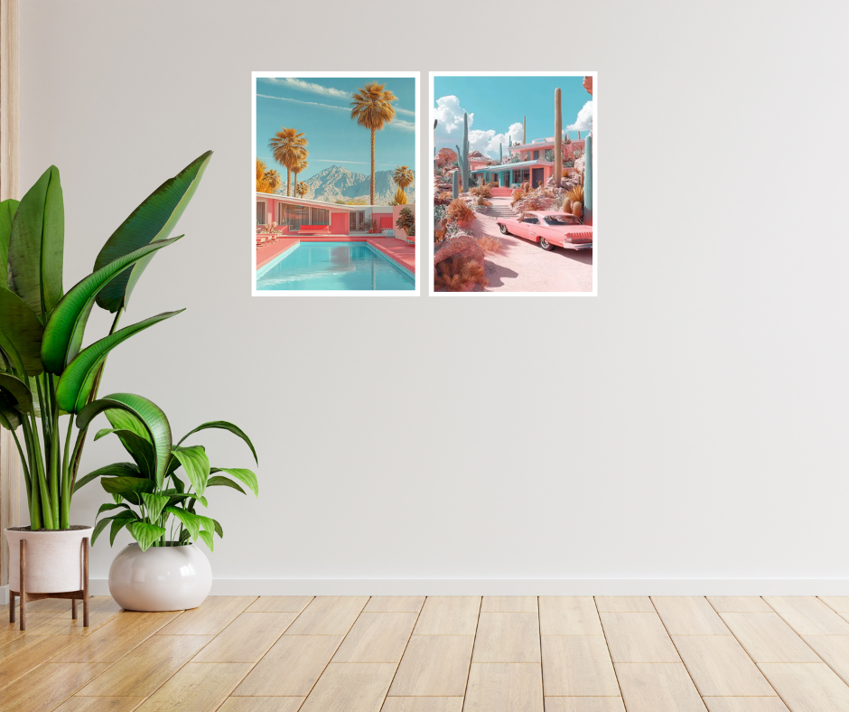 Palm Springs mid-century bungalow high quality framed canvas prints | Pink, beige, green | Set of 2 | 30 cm x 40 cm