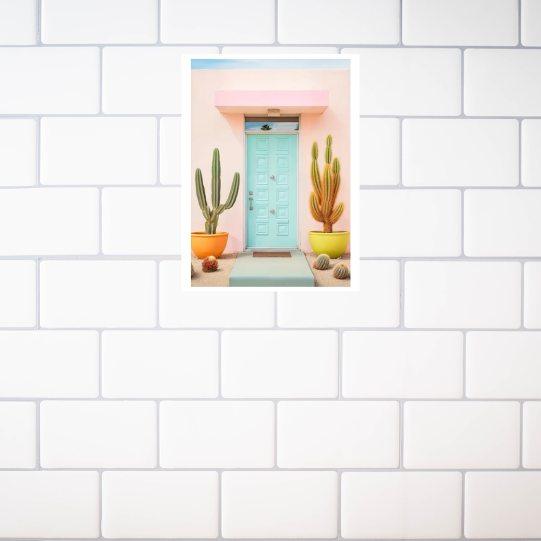 Palm Springs cactus at front door high quality UV protected framed canvas print | Pink, aqua, orange, yellow | 30 cm x 40 cm