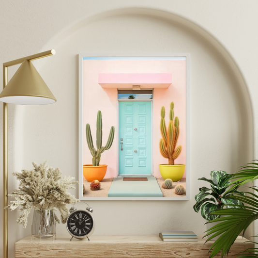 Palm Springs cactus at front door high quality UV protected framed canvas print | Pink, aqua, orange, yellow | 30 cm x 40 cm