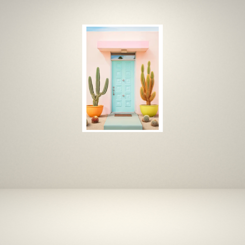 Palm Springs cactus at front door high quality UV protected framed canvas print | Pink, aqua, orange, yellow | 30 cm x 40 cm