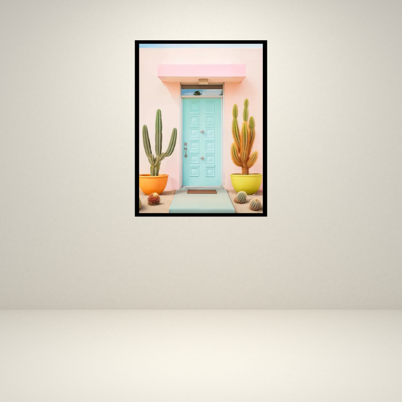 Palm Springs cactus at front door high quality UV protected framed canvas print | Pink, aqua, orange, yellow | 30 cm x 40 cm