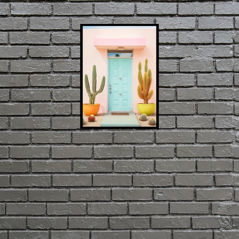 Palm Springs cactus at front door high quality UV protected framed canvas print | Pink, aqua, orange, yellow | 30 cm x 40 cm