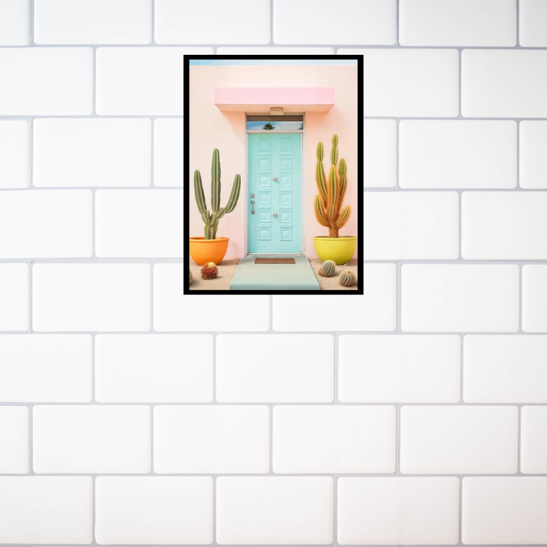Palm Springs cactus at front door high quality UV protected framed canvas print | Pink, aqua, orange, yellow | 30 cm x 40 cm