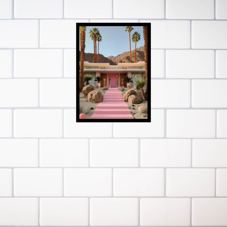 Palm Springs house pathway high quality UV protected framed canvas print | Pink, beige, green | 30 cm x 40 cm