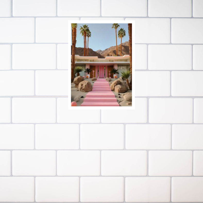 Palm Springs house pathway high quality UV protected framed canvas print | Pink, beige, green | 30 cm x 40 cm