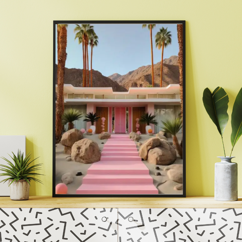 Palm Springs house pathway high quality UV protected framed canvas print | Pink, beige, green | 30 cm x 40 cm