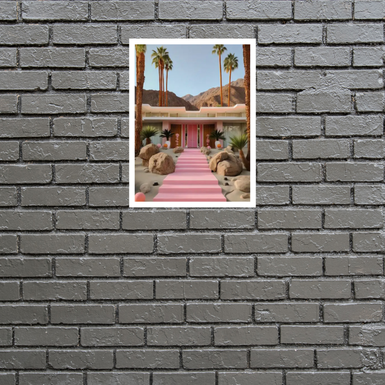 Palm Springs house pathway high quality UV protected framed canvas print | Pink, beige, green | 30 cm x 40 cm