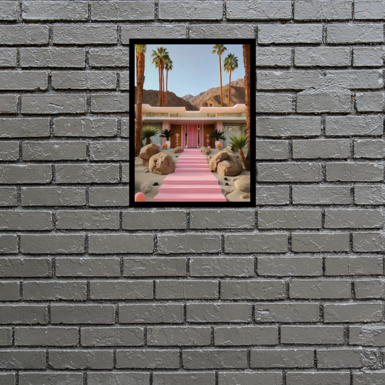 Palm Springs house pathway high quality UV protected framed canvas print | Pink, beige, green | 30 cm x 40 cm