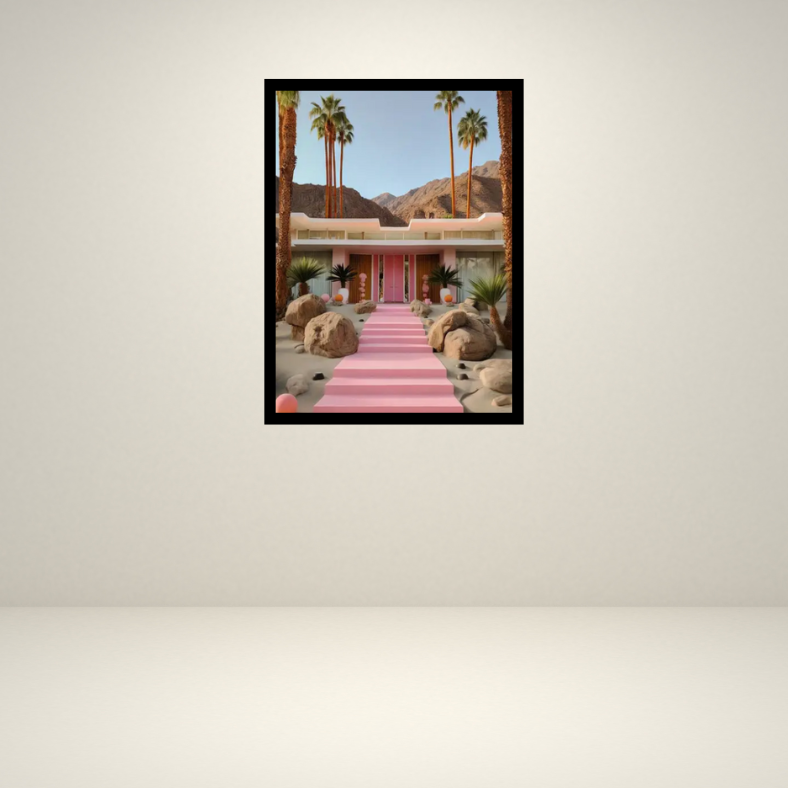 Palm Springs house pathway high quality UV protected framed canvas print | Pink, beige, green | 30 cm x 40 cm