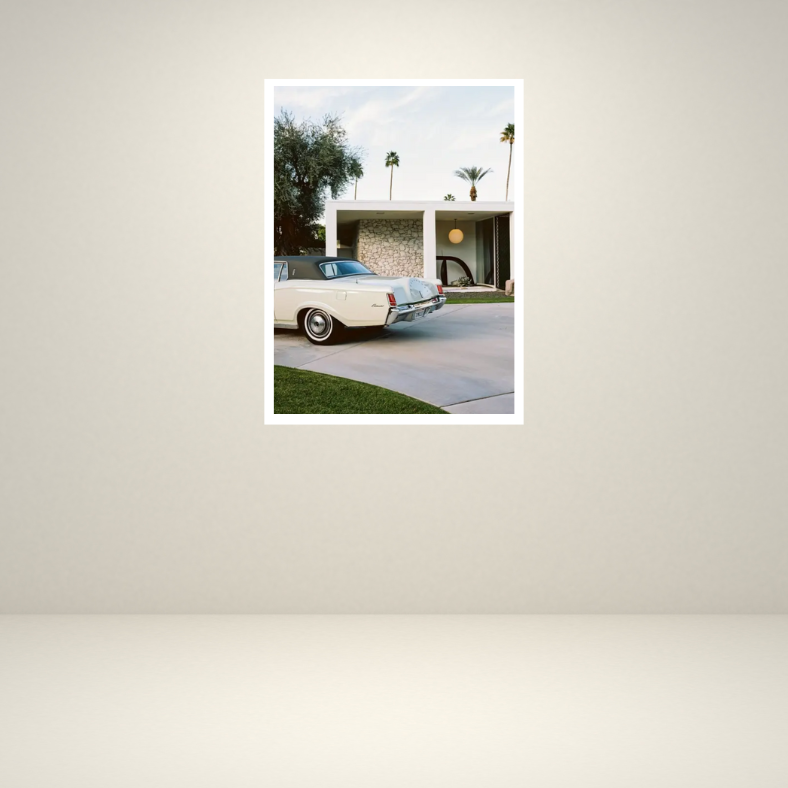 Palm Springs house with Cadillac high quality UV protected framed canvas print | Green, grey, white | 30 cm x 40 cm