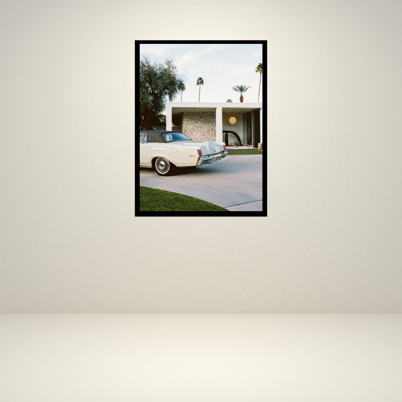 Palm Springs house with Cadillac high quality UV protected framed canvas print | Green, grey, white | 30 cm x 40 cm