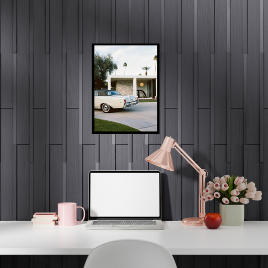 Palm Springs house with Cadillac high quality UV protected framed canvas print | Green, grey, white | 30 cm x 40 cm