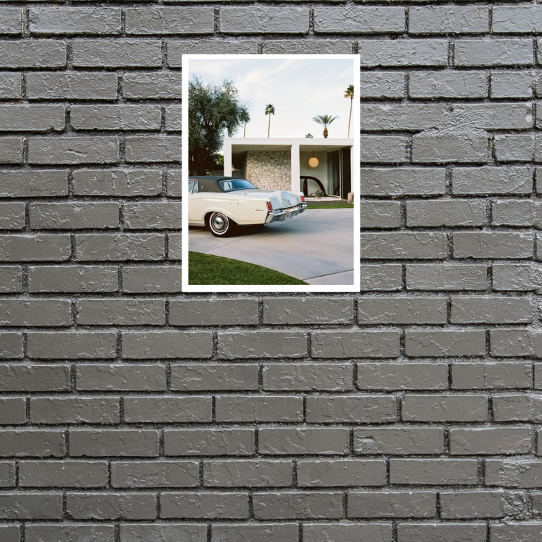 Palm Springs house with Cadillac high quality UV protected framed canvas print | Green, grey, white | 30 cm x 40 cm