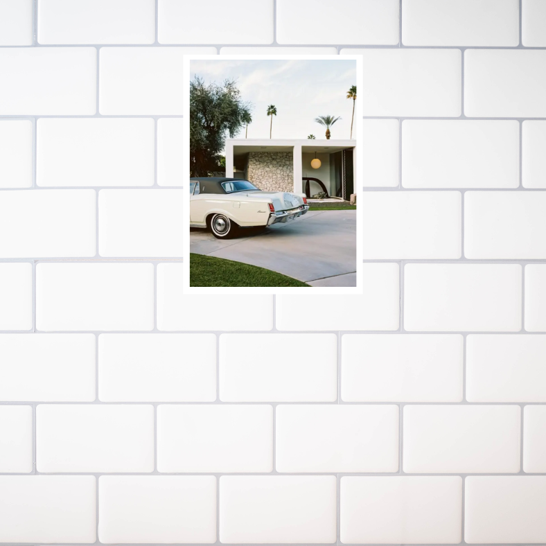Palm Springs house with Cadillac high quality UV protected framed canvas print | Green, grey, white | 30 cm x 40 cm