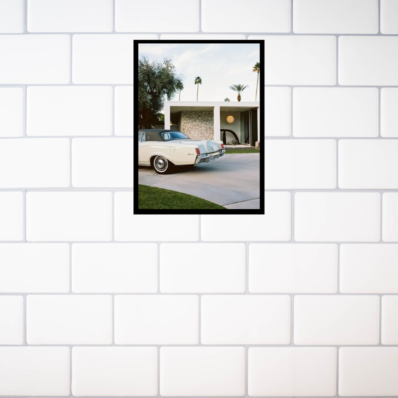 Palm Springs house with Cadillac high quality UV protected framed canvas print | Green, grey, white | 30 cm x 40 cm