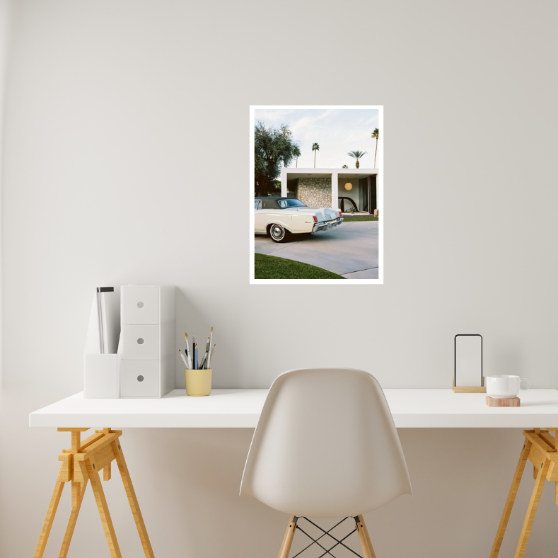 Palm Springs house with Cadillac high quality UV protected framed canvas print | Green, grey, white | 30 cm x 40 cm