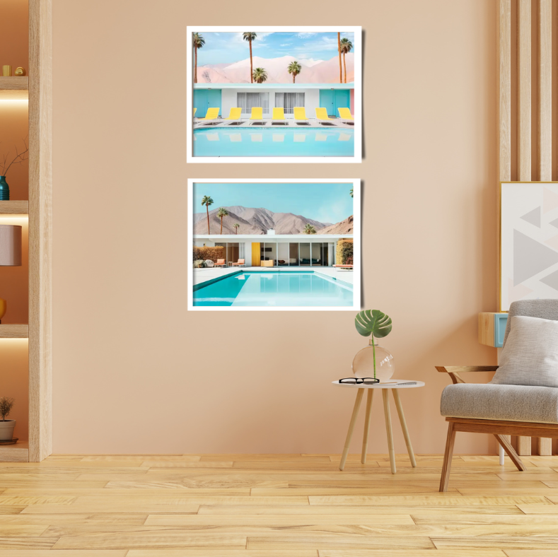 Palm Springs pools high quality framed canvas prints | Pink, blue, lemon | Set of 2 | 30 cm x 40 cm