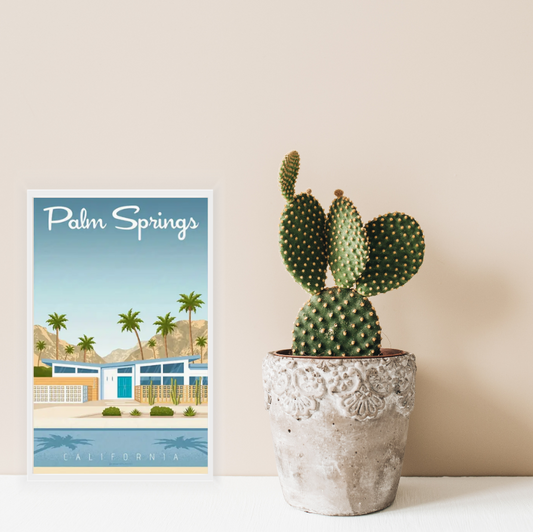 Palm Springs vintage poster high quality UV protected framed canvas print | Blue, beige, green | Style A | 30 cm x 40 cm