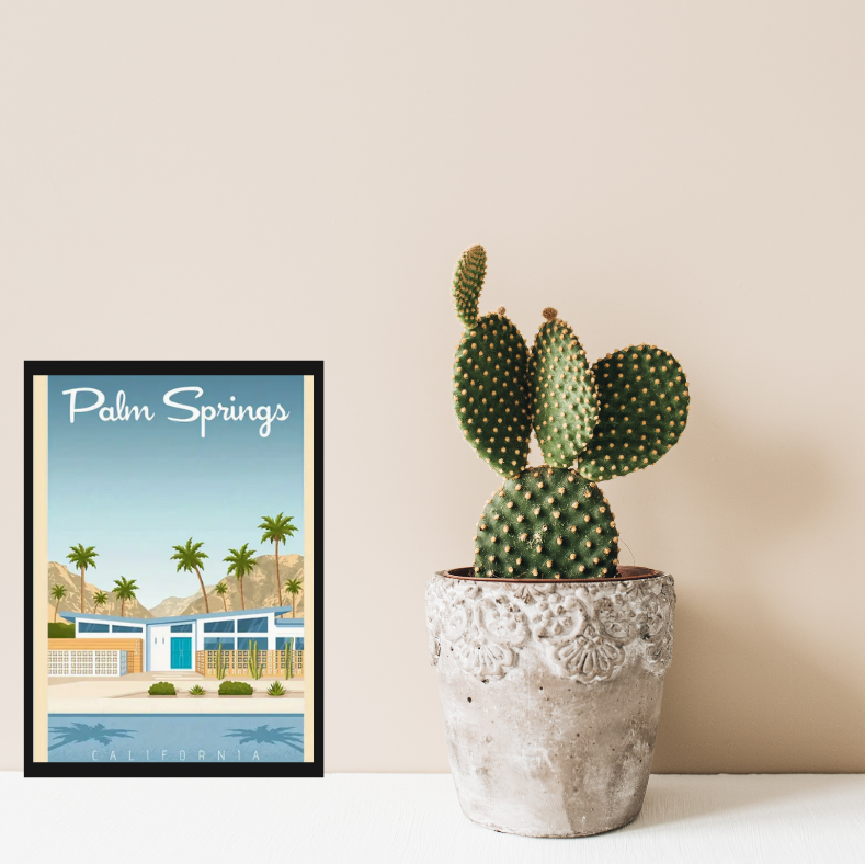 Palm Springs vintage poster high quality UV protected framed canvas print | Blue, beige, green | Style A | 30 cm x 40 cm