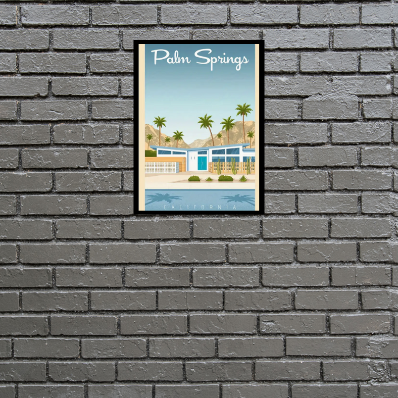 Palm Springs vintage poster high quality UV protected framed canvas print | Blue, beige, green | Style A | 30 cm x 40 cm