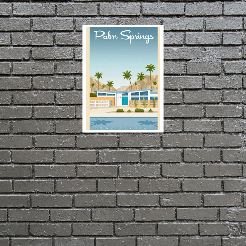 Palm Springs vintage poster high quality UV protected framed canvas print | Blue, beige, green | Style A | 30 cm x 40 cm