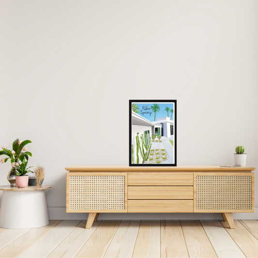 Palm Springs vintage poster high quality UV protected framed canvas print | Blue, beige, green | Style B | 30 cm x 40 cm