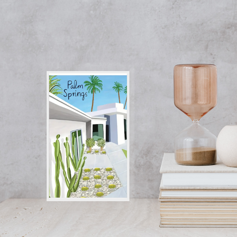 Palm Springs vintage poster high quality UV protected framed canvas print | Blue, beige, green | Style B | 30 cm x 40 cm