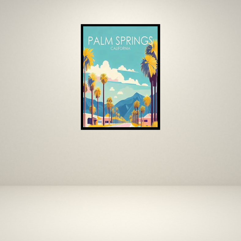 Palm Springs vintage poster high quality UV protected framed canvas print | Teal, aqua, pink, white | Style C | 30 cm x 40 cm