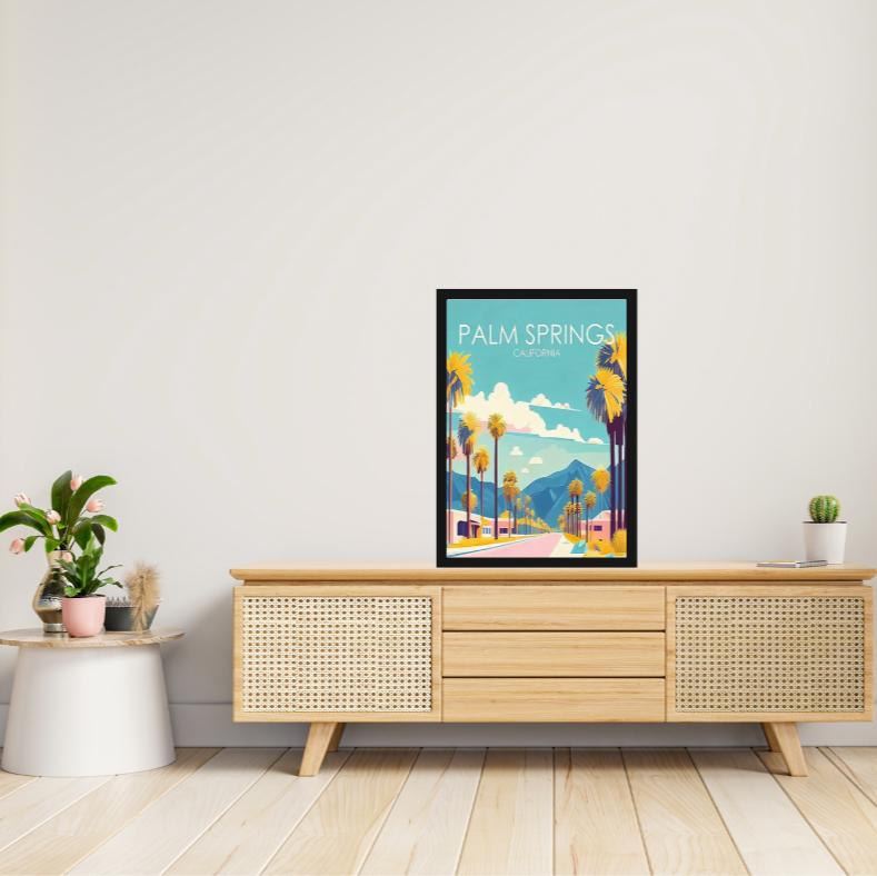 Palm Springs vintage poster high quality UV protected framed canvas print | Teal, aqua, pink, white | Style C | 30 cm x 40 cm