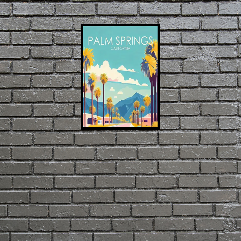 Palm Springs vintage poster high quality UV protected framed canvas print | Teal, aqua, pink, white | Style C | 30 cm x 40 cm