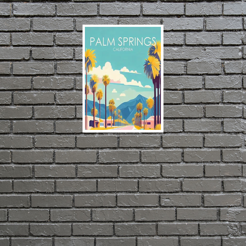 Palm Springs vintage poster high quality UV protected framed canvas print | Teal, aqua, pink, white | Style C | 30 cm x 40 cm