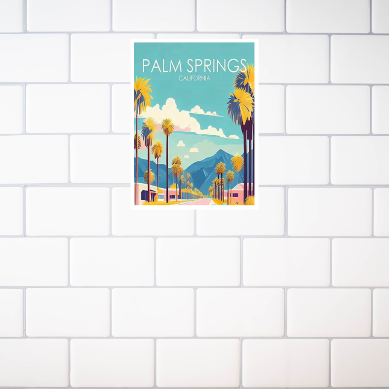 Palm Springs vintage poster high quality UV protected framed canvas print | Teal, aqua, pink, white | Style C | 30 cm x 40 cm