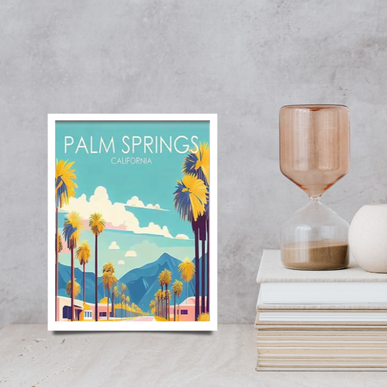 Palm Springs vintage poster high quality UV protected framed canvas print | Teal, aqua, pink, white | Style C | 30 cm x 40 cm