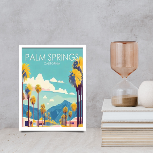 Palm Springs vintage poster high quality UV protected framed canvas print | Teal, aqua, pink, white | Style C | 30 cm x 40 cm