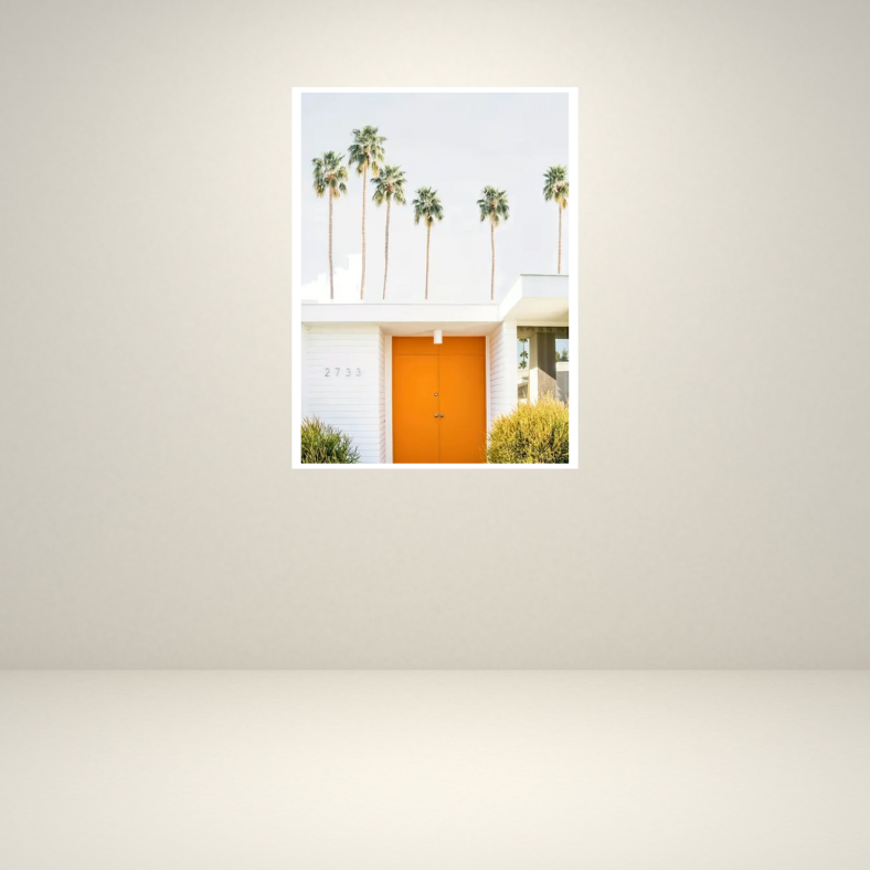 Palm Springs white house with orange door high quality UV protected framed canvas print | White, orange, green | 30 cm x 40 cm*