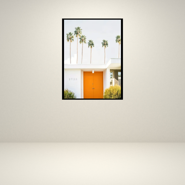 Palm Springs white house with orange door high quality UV protected framed canvas print | White, orange, green | 30 cm x 40 cm*