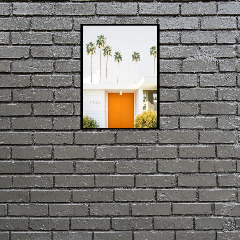 Palm Springs white house with orange door high quality UV protected framed canvas print | White, orange, green | 30 cm x 40 cm*