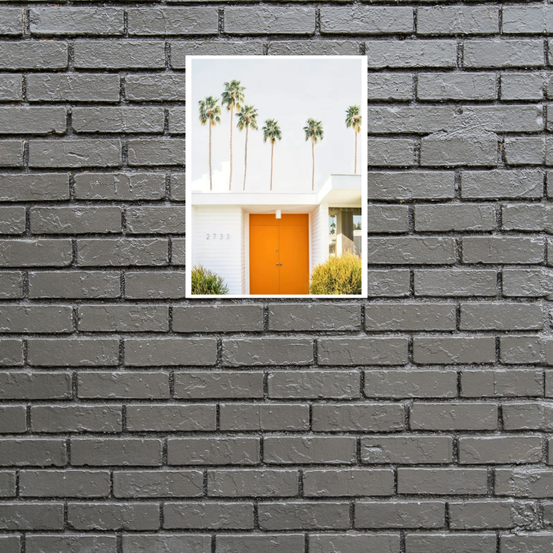 Palm Springs white house with orange door high quality UV protected framed canvas print | White, orange, green | 30 cm x 40 cm*