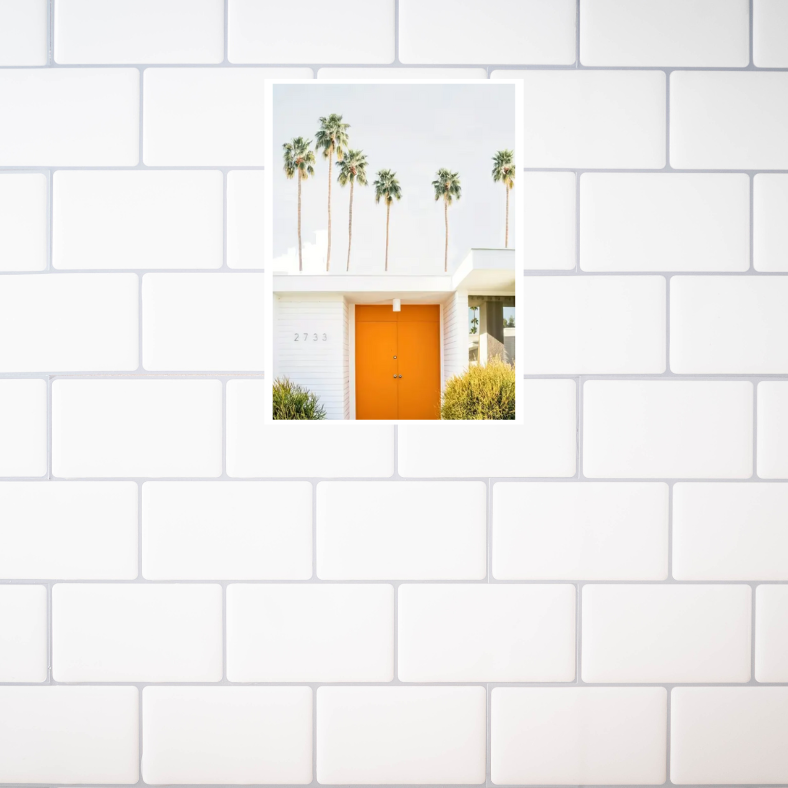 Palm Springs white house with orange door high quality UV protected framed canvas print | White, orange, green | 30 cm x 40 cm*