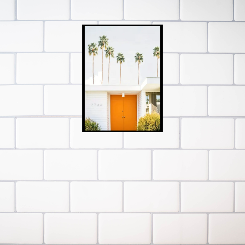 Palm Springs white house with orange door high quality UV protected framed canvas print | White, orange, green | 30 cm x 40 cm*